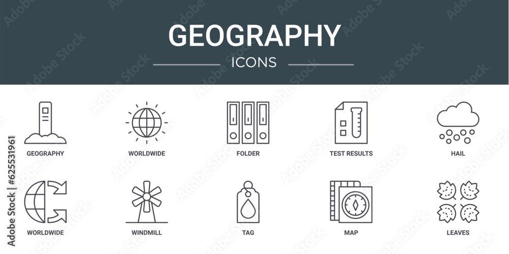 Fototapeta premium set of 10 outline web geography icons such as geography, worldwide, folder, test results, hail, worldwide, windmill vector icons for report, presentation, diagram, web design, mobile app