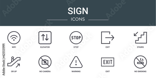 set of 10 outline web sign icons such as wifi, elevator, stop, exit, stairs, or up, no camera vector icons for report, presentation, diagram, web design, mobile app