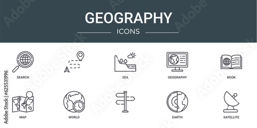 set of 10 outline web geography icons such as search, , sea, geography, book, map, world vector icons for report, presentation, diagram, web design, mobile app