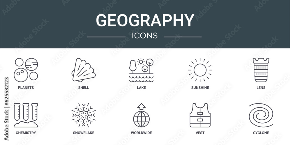 set of 10 outline web geography icons such as planets, shell, lake, sunshine, lens, chemistry, snowflake vector icons for report, presentation, diagram, web design, mobile app