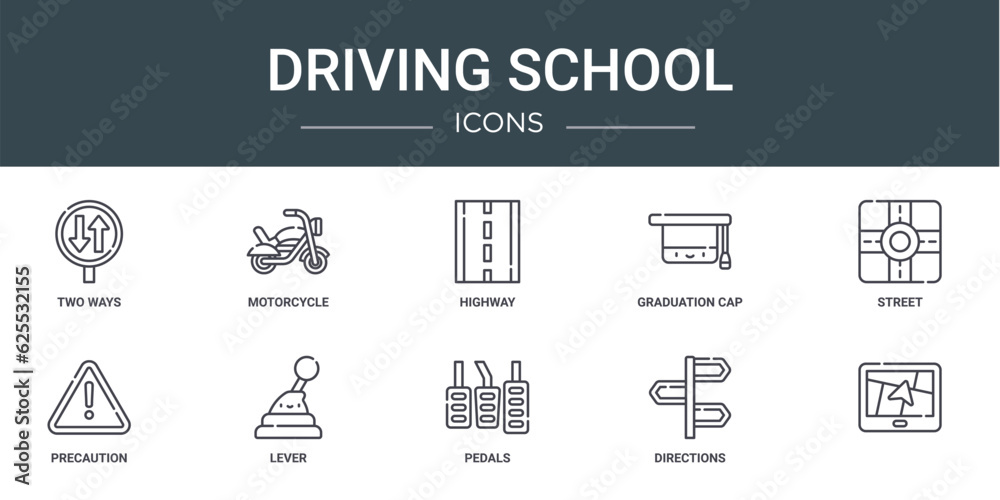 Naklejka premium set of 10 outline web driving school icons such as two ways, motorcycle, highway, graduation cap, street, precaution, lever vector icons for report, presentation, diagram, web design, mobile app