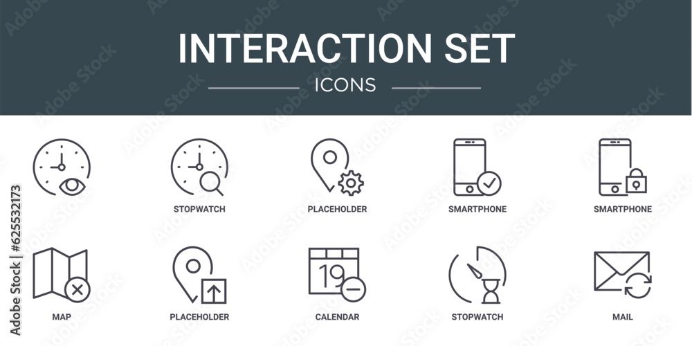 set of 10 outline web interaction set icons such as , stopwatch, placeholder, smartphone, smartphone, map, placeholder vector icons for report, presentation, diagram, web design, mobile app