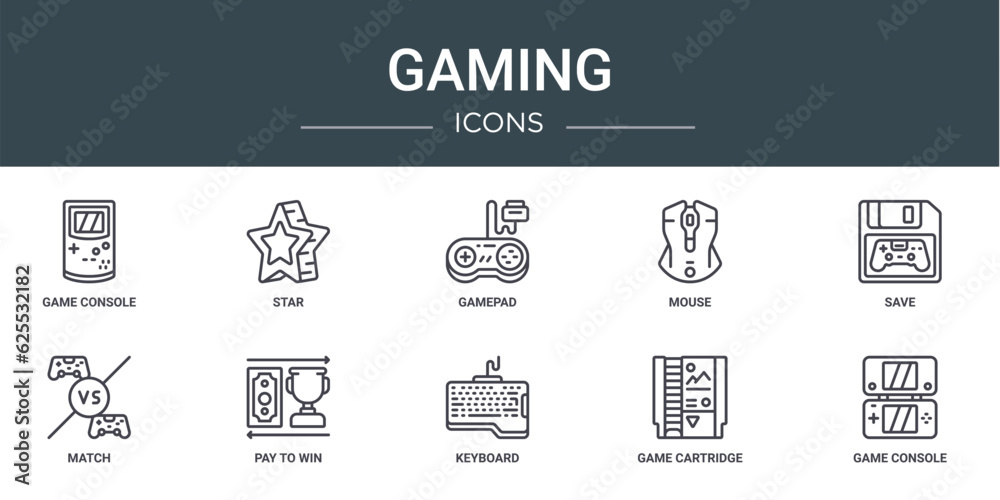 set of 10 outline web gaming icons such as game console, star, gamepad, mouse, save, match, pay to win vector icons for report, presentation, diagram, web design, mobile app
