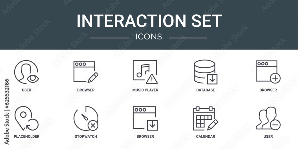 set of 10 outline web interaction set icons such as user, browser, music player, database, browser, placeholder, stopwatch vector icons for report, presentation, diagram, web design, mobile app
