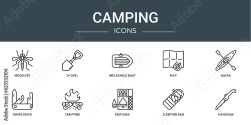 set of 10 outline web camping icons such as mosquito, shovel, inflatable boat, map, kayak, swiss knife, campfire vector icons for report, presentation, diagram, web design, mobile app