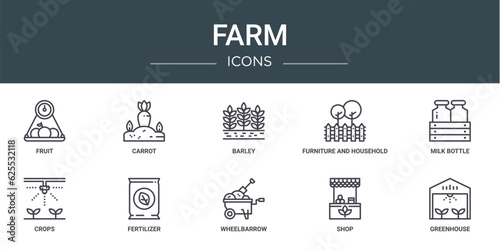 set of 10 outline web farm icons such as fruit  carrot  barley  furniture and household  milk bottle  crops  fertilizer vector icons for report  presentation  diagram  web design  mobile app