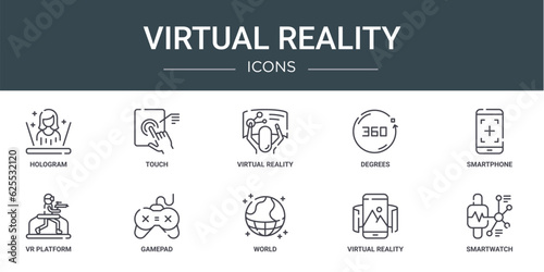 set of 10 outline web virtual reality icons such as hologram, touch, virtual reality, degrees, smartphone, vr platform, gamepad vector icons for report, presentation, diagram, web design, mobile app