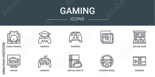 set of 10 outline web gaming icons such as game console, gamepad, gamepad, , arcade game, racing, gamepad vector icons for report, presentation, diagram, web design, mobile app