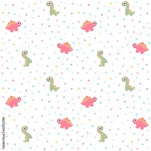 Nursery art print. Seamless pattern with Dino and dots. Children’s illustration