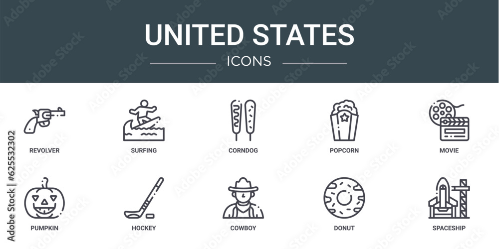 set of 10 outline web united states icons such as revolver, surfing, corndog, popcorn, movie, pumpkin, hockey vector icons for report, presentation, diagram, web design, mobile app