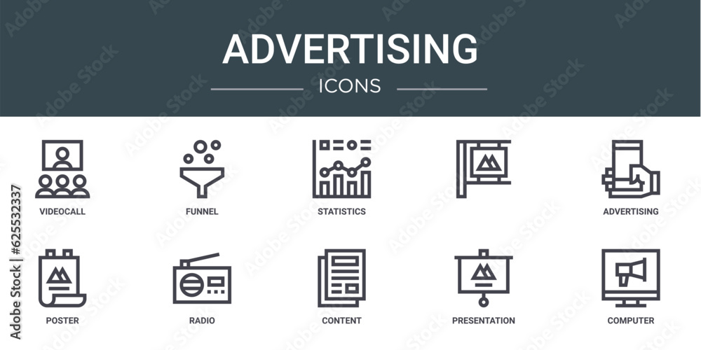 set of 10 outline web advertising icons such as videocall, funnel, statistics, , advertising, poster, radio vector icons for report, presentation, diagram, web design, mobile app