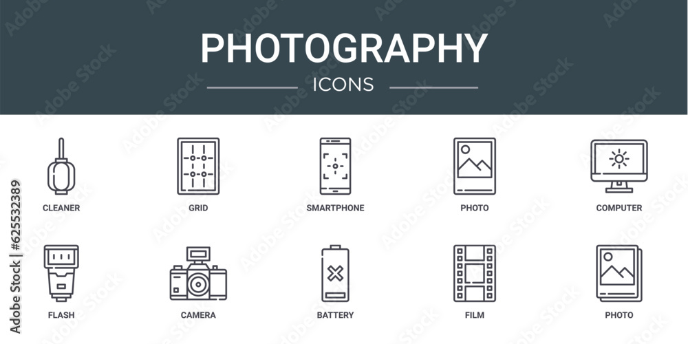 set of 10 outline web photography icons such as cleaner, grid, smartphone, photo, computer, flash, camera vector icons for report, presentation, diagram, web design, mobile app set of 10 outline web photography icons such as cleaner, grid, smartphone, photo, computer, flash, camera vector icons for report, presentation, diagram, web design, mobile app