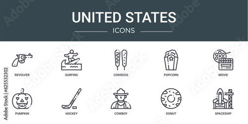 set of 10 outline web united states icons such as revolver, surfing, corndog, popcorn, movie, pumpkin, hockey vector icons for report, presentation, diagram, web design, mobile app