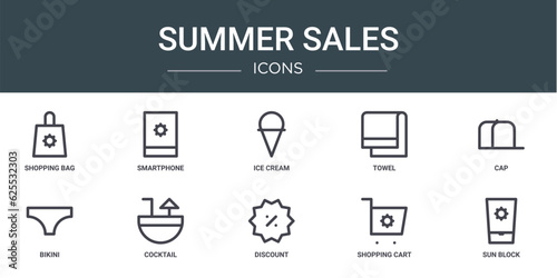 set of 10 outline web summer sales icons such as shopping bag, smartphone, ice cream, towel, cap, bikini, cocktail vector icons for report, presentation, diagram, web design, mobile app