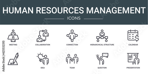 set of 10 outline web human resources management icons such as meeting, collaboration, connection, hierarchical structure, calendar, , idea vector icons for report, presentation, diagram, web
