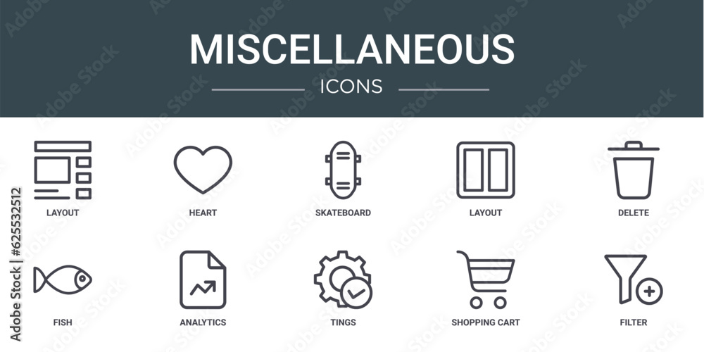 set of 10 outline web miscellaneous icons such as layout, heart, skateboard, layout, delete, fish, analytics vector icons for report, presentation, diagram, web design, mobile app