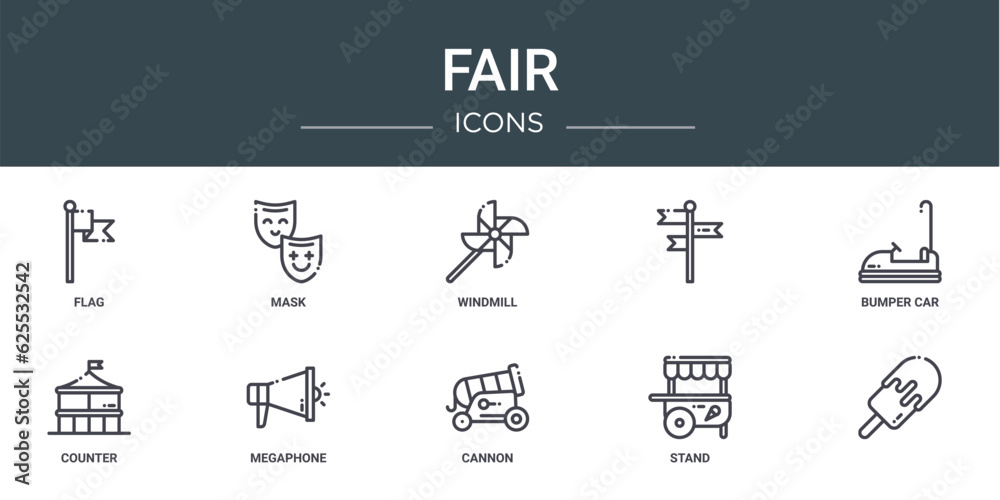 set of 10 outline web fair icons such as flag, mask, windmill, , bumper car, counter, megaphone vector icons for report, presentation, diagram, web design, mobile app