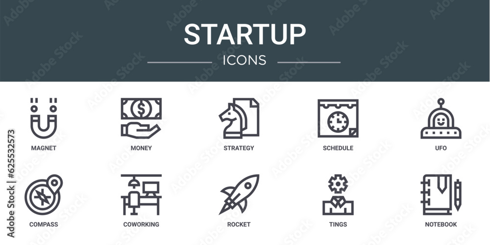 set of 10 outline web startup icons such as magnet, money, strategy, schedule, ufo, compass, coworking vector icons for report, presentation, diagram, web design, mobile app