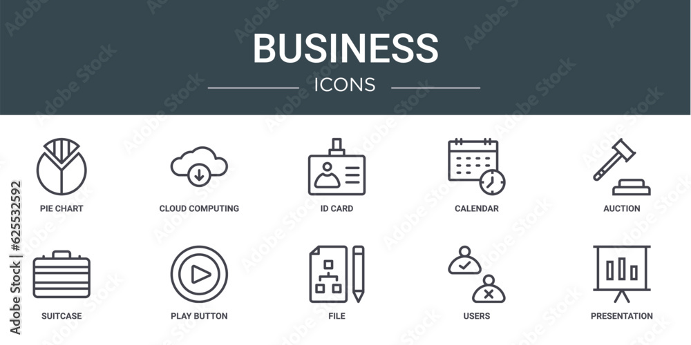 set of 10 outline web business icons such as pie chart, cloud computing, id card, calendar, auction, suitcase, play button vector icons for report, presentation, diagram, web design, mobile app