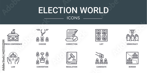 set of 10 outline web election world icons such as press conference, choose, correction, list, democracy, law, convention vector icons for report, presentation, diagram, web design, mobile app