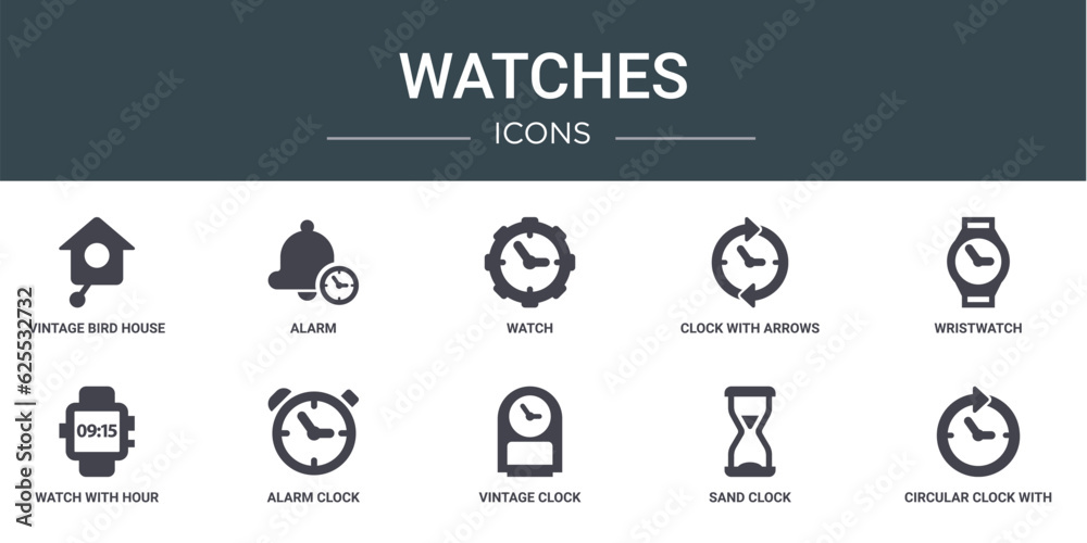 set of 10 outline web watches icons such as vintage bird house clock, alarm, watch, clock with arrows circle around, wristwatch, watch with hour and minutes numbers, alarm clock vector icons for set of 10 outline web watches icons such as vintage bird house clock, alarm, watch, clock with arrows circle around, wristwatch, watch with hour and minutes numbers, alarm clock vector icons for