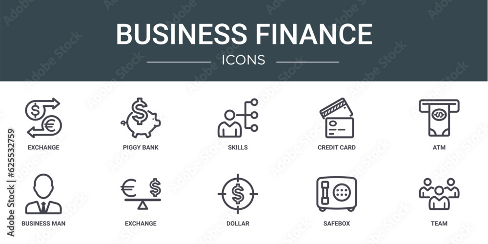 set of 10 outline web business finance icons such as exchange, piggy bank, skills, credit card, atm, business man, exchange vector icons for report, presentation, diagram, web design, mobile app