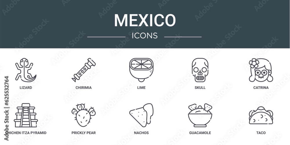set of 10 outline web mexico icons such as lizard, chirimia, lime, skull, catrina, chichen itza pyramid, prickly pear vector icons for report, presentation, diagram, web design, mobile app