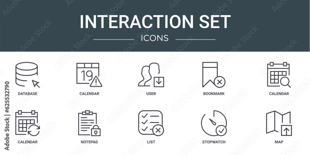 set of 10 outline web interaction set icons such as database, calendar, user, bookmark, calendar, calendar, notepad vector icons for report, presentation, diagram, web design, mobile app