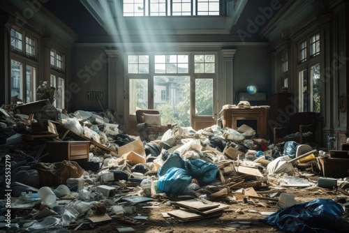 A picture illustrating the piling up of trash and rubble as a consequence of household renovations. The disorganized chaos necessitates swift and effective disposal in order to bring back organization