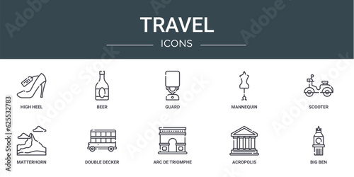 set of 10 outline web travel icons such as high heel, beer, guard, mannequin, scooter, matterhorn, double decker vector icons for report, presentation, diagram, web design, mobile app