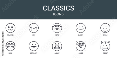 set of 10 outline web classics icons such as reaction, cry, nerd, happy, smile, nerd, straight vector icons for report, presentation, diagram, web design, mobile app