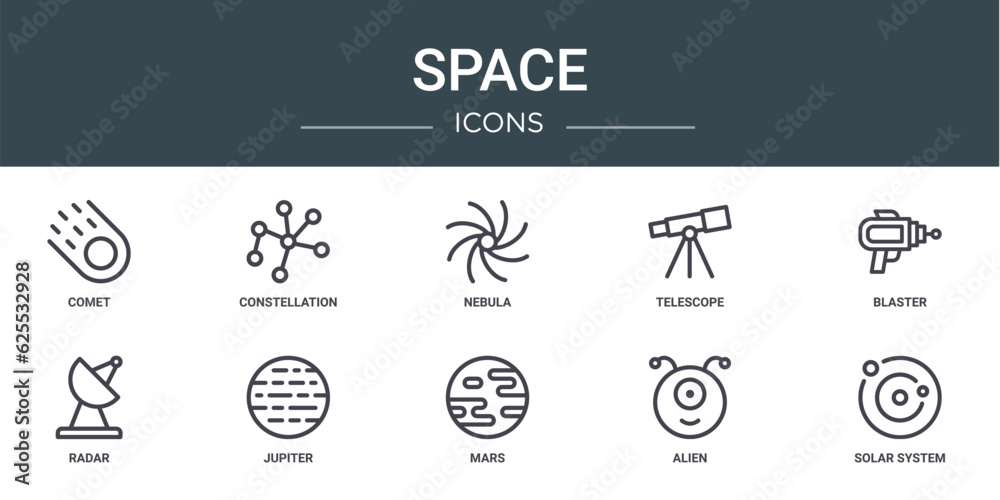 set of 10 outline web space icons such as comet, constellation, nebula, telescope, blaster, radar, jupiter vector icons for report, presentation, diagram, web design, mobile app