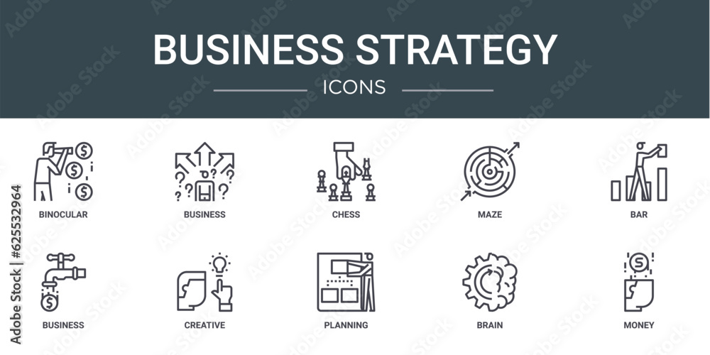 set of 10 outline web business strategy icons such as binocular, business, chess, maze, bar, business, creative vector icons for report, presentation, diagram, web design, mobile app