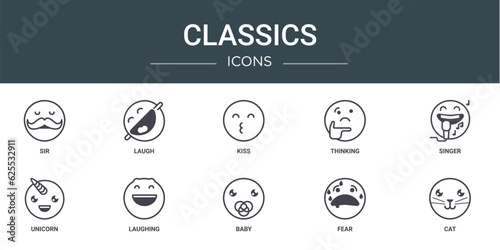 set of 10 outline web classics icons such as sir, laugh, kiss, thinking, singer, unicorn, laughing vector icons for report, presentation, diagram, web design, mobile app