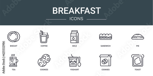 set of 10 outline web breakfast icons such as biscuit, coffee, milk, sandwich, pie, tea, cookies vector icons for report, presentation, diagram, web design, mobile app
