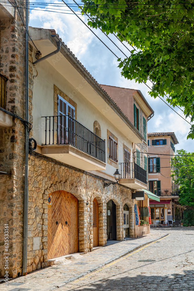 Narrow streets in historic center of town of Valldemossa, Balearic Islands Mallorca Spain.