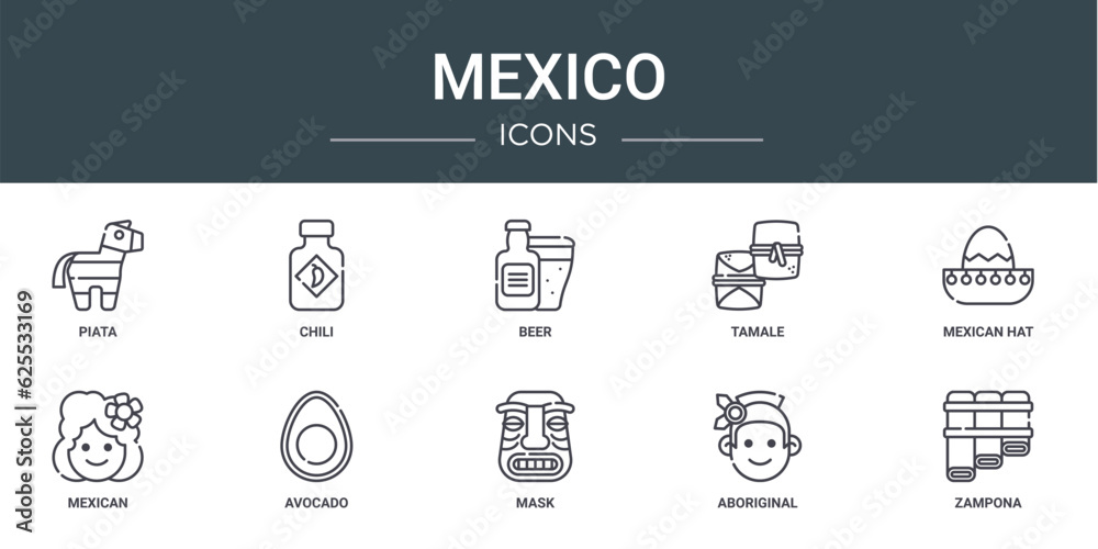 set of 10 outline web mexico icons such as piata, chili, beer, tamale, mexican hat, mexican, avocado vector icons for report, presentation, diagram, web design, mobile app set of 10 outline web mexico icons such as piata, chili, beer, tamale, mexican hat, mexican, avocado vector icons for report, presentation, diagram, web design, mobile app