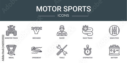 set of 10 outline web motor sports icons such as monster truck, mechanic, racer, race track, gear stick, medal, speedboat vector icons for report, presentation, diagram, web design, mobile app