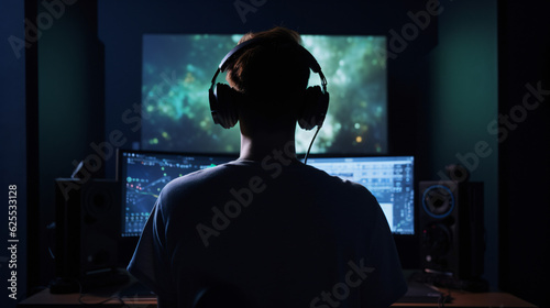 Back view of man wearing headphones and playing game on screen monitor