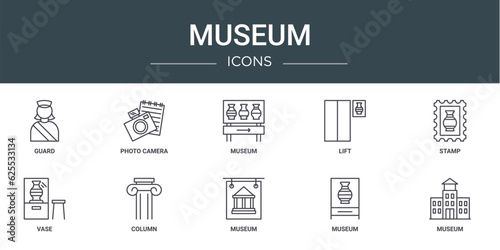 set of 10 outline web museum icons such as guard, photo camera, museum, lift, stamp, vase, column vector icons for report, presentation, diagram, web design, mobile app