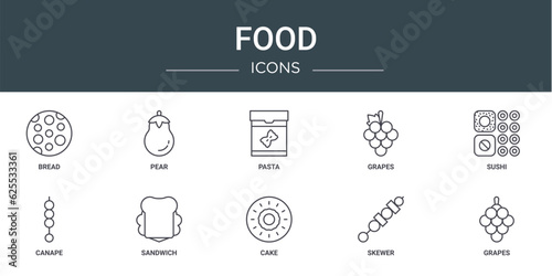 set of 10 outline web food icons such as bread, pear, pasta, grapes, sushi, canape, sandwich vector icons for report, presentation, diagram, web design, mobile app
