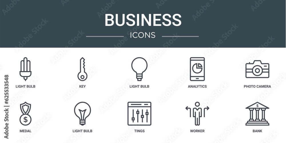 set of 10 outline web business icons such as light bulb, key, light bulb, analytics, photo camera, medal, light bulb vector icons for report, presentation, diagram, web design, mobile app