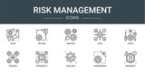 set of 10 outline web risk management icons such as plan, method, analysis, data, tools, process, probability vector icons for report, presentation, diagram, web design, mobile app