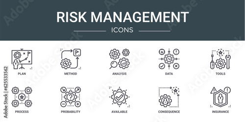 set of 10 outline web risk management icons such as plan, method, analysis, data, tools, process, probability vector icons for report, presentation, diagram, web design, mobile app