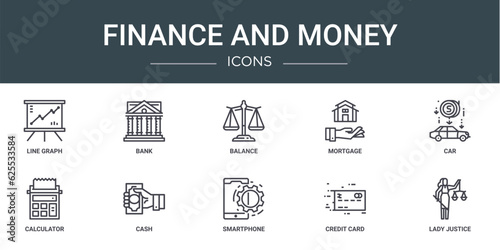 set of 10 outline web finance and money icons such as line graph, bank, balance, mortgage, car, calculator, cash vector icons for report, presentation, diagram, web design, mobile app