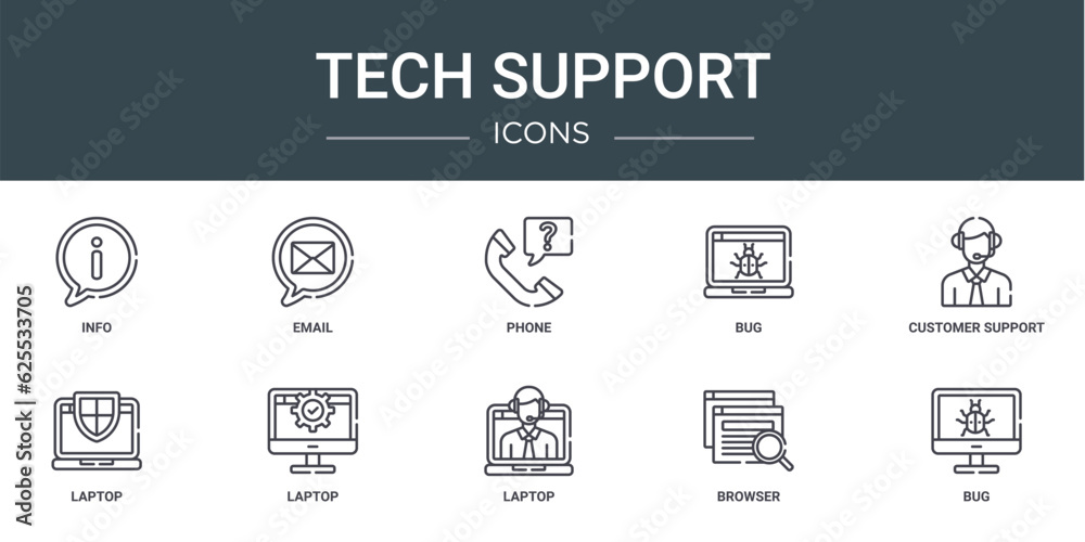 set of 10 outline web tech support icons such as info, email, phone, bug, customer support, laptop, laptop vector icons for report, presentation, diagram, web design, mobile app