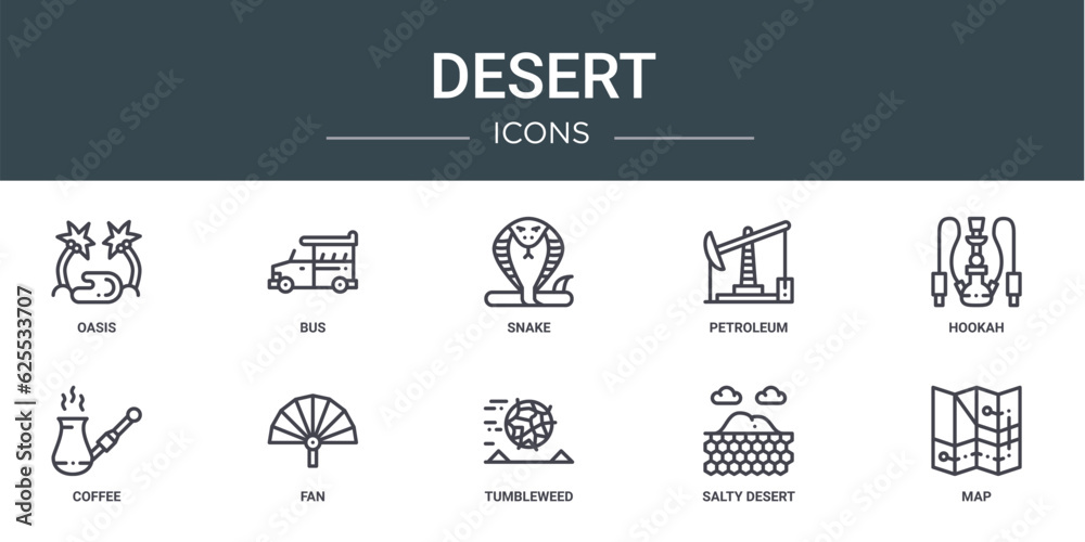 set of 10 outline web desert icons such as oasis, bus, snake, petroleum, hookah, coffee, fan vector icons for report, presentation, diagram, web design, mobile app set of 10 outline web desert icons such as oasis, bus, snake, petroleum, hookah, coffee, fan vector icons for report, presentation, diagram, web design, mobile app
