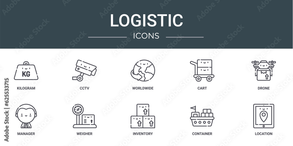 set of 10 outline web logistic icons such as kilogram, cctv, worldwide, cart, drone, manager, weigher vector icons for report, presentation, diagram, web design, mobile app