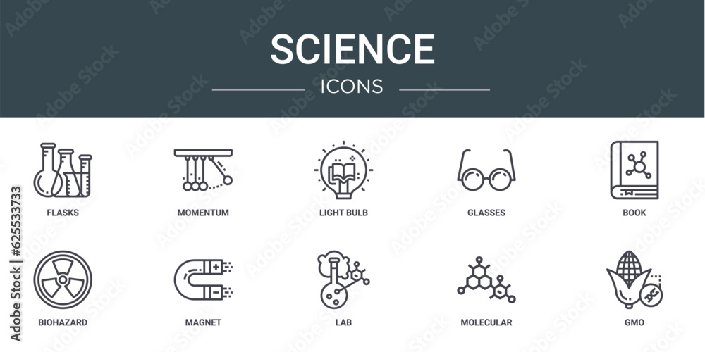 set of 10 outline web science icons such as flasks, momentum, light bulb, glasses, book, biohazard, magnet vector icons for report, presentation, diagram, web design, mobile app