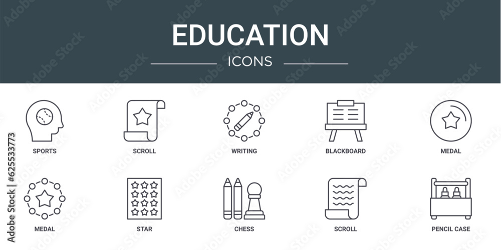 set of 10 outline web education icons such as sports, scroll, writing, blackboard, medal, medal, star vector icons for report, presentation, diagram, web design, mobile app